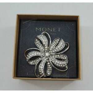 NEW in Box Monet Silver with Clear Gemstones Swirl Flower Brooch Pin